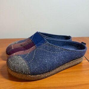 Haflinger Blue and Purple Wool Slip On Clog Mule Patchwork Cork Sole Comfort 38